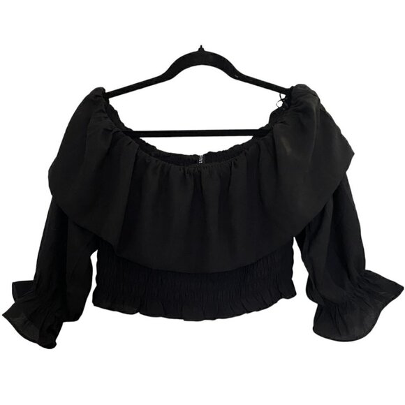 H&m black cropped top Bardot neckline size  M - Picture 1 of 4